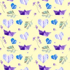 Watercolor blue paper origami and floral elements seamless pattern, hand painted on a yellow background