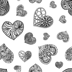 Vector seamless pattern from hand drawn doodle hearts. Black and white texture for Valentine day. Coloring page book for adult. Holiday background