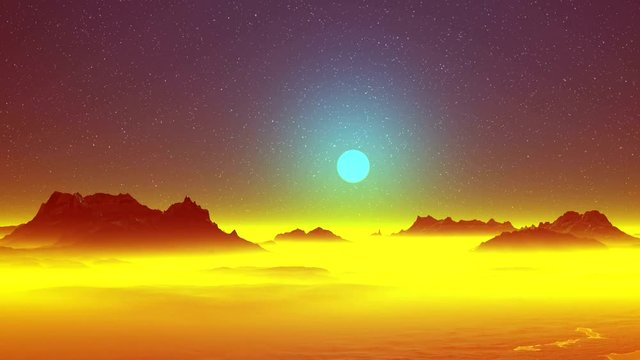 Surreal Alien Landscape. In the dark starry sky the blue sun is in a halo. Mountain peaks stand over a thick bright yellow glowing fog. Under it are visible hills and lakes.
