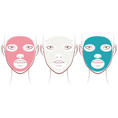 Set of Female face with beauty mask outline drawing. White, pink and blue clay