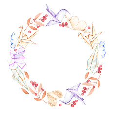Watercolor paper origami and sprigs with red berries wreath, hand painted on a white background