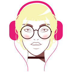 Beautiful blonde hair woman listen music on headphones. Pink earphones. Lovely music. Cute girl. Vector design illustrations.
