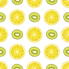 Fototapeta premium Vector seamless pattern from lemon and kiwi slices. Citrus background