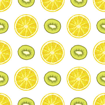 Vector seamless pattern from lemon and kiwi slices. Citrus background