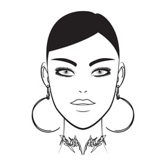 Beauty and fashion makeup. A beautiful girl with big trendy decorations. Trend of 2018. A sketch of the woman with massive jewelry. Fashion illustration. Large earrings and lush eyelashes