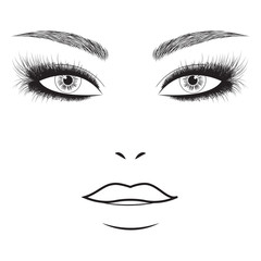 Beautiful face of a girl with a holiday makeup. Beauty and fashion makeup. Care for eyelashes and eyebrows - grooming and microblading. Illustration with woman's eyes and eyebrows. Makeup Look