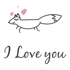 I love you. Motivation poster, Romantic illustration with fox, heart, pattern on t shirt. Original cartoon animal character. Valentines day illustration