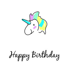 Obraz na płótnie Canvas Happy birthday card with cute unicorn icon over white background. Colorful design. Vector illustration. Calligraphic inscription