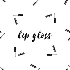 Fashion makeup. Seamless pattern lip gloss and lipstick on white background. Hand drawing. Vector illustration in a cartoon style.