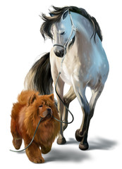 Dog Chow Chow and horse watercolor painting © Kajenna