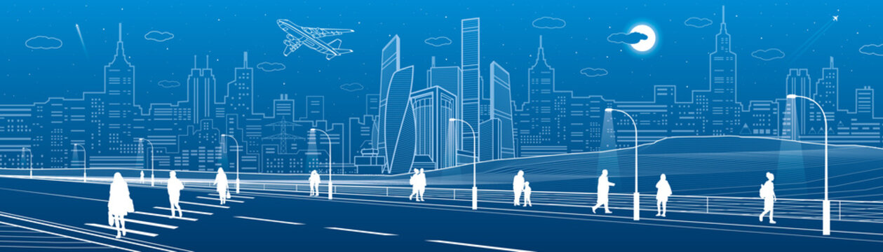 People cross highway. Urban infrastructure panorama, modern city at background, industrial architecture. White lines illustration, vector design art 