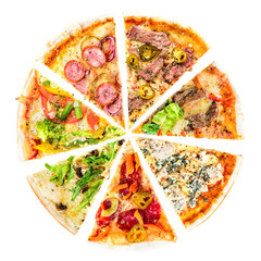 Panele Szklane Podświetlane  zestaw różnych plasterków pizzy na białym tle. Pyszny widok z góry na świeżą włoską pizzę?