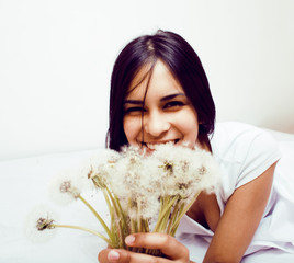 young happy smiling latin american teenage girl emotional posing on white background, lifestyle...