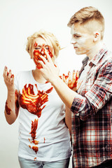 young pretty couple, lifestyle people concept: girlfriend and boyfriend cooking together, having...