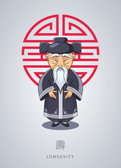Cartoon hand drawn Asian gray-haired wise old man in national clothes with ornament and hat on background of symbol longevity. Chinese man stands with folded arms in gesture. Сoncept Chinese New Year