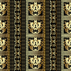 Striped gold Baroque seamless pattern. Floral black background with golden 3d damask flowers, scroll leaves, stripes, borders, frames, meander, greek key ornament. Luxury design for wallpapers, fabric