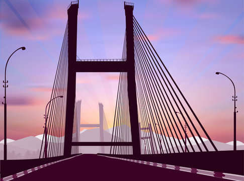 modern bridge to hills at sunrise