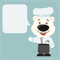 Chef polar bear with speech bubble in cartoon style. Smiling polar bear cook says and shows like.