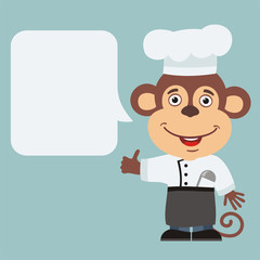Chef monkey with speech bubble in cartoon style. Smiling monkey cook says and shows like.