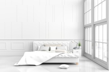 White bed room decor with tree in glass vase, pillows, white blanket, window, sky, lamp,bookcase,white wall it is pattern,The sun shines through the window into the shadows,White floor. 3d render.