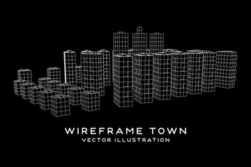 Mesh low poly wireframe cubes array like skyscraper city. Connected lines town. Connection Box Structure. Digital Data Visualization Concept. Vector Illustration.