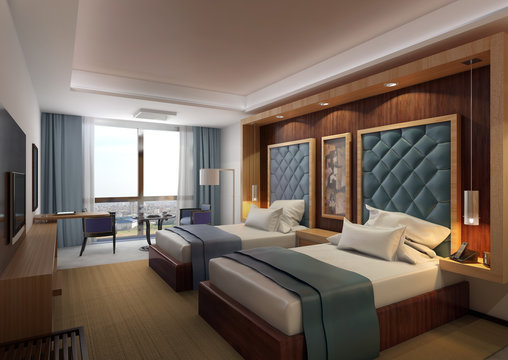 hotel-interior design- bed room- 3d rendering
