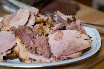 Christmas Ham on a White Plate, close-up