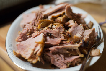 Christmas Ham on a White Plate, close-up