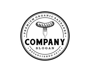 Fototapeta premium Fork and the Sausage Food on the Restaurant Illustration Hand Drawing Symbol Circle Logo Stamp Vector
