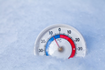 Snowed thermometer shows minus 9 Celsius degree cold winter weather concept