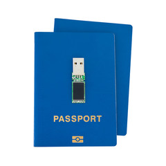 Usb flash on top of a blue passport on a white background.