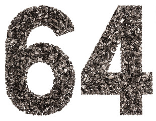 Arabic numeral 64, sixty four, from black a natural charcoal, isolated on white background