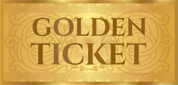 Gold ticket, golden token (coupon) isolated on white background. Useful for any festival, party, cinema, event, entertainment show