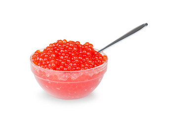 Red caviar in the bowl with silver spoon isolated on white background.