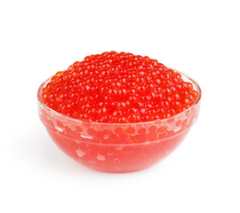 Red caviar in the bowl isolated on white background.