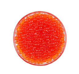 Red caviar in the bowl isolated on white background, top view.