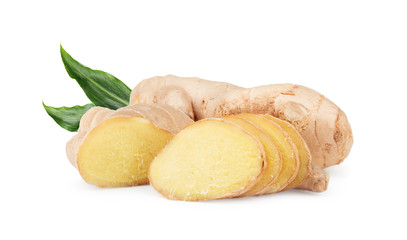 Root of ginger with leaves isolated on white background