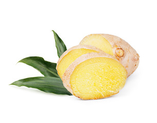 Ginger root sliced with leaves isolated on white background.