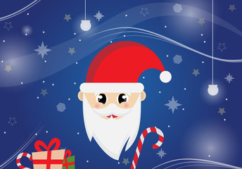 Santa Claus on dark blue sky with stars and gift boxs