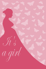 Obraz na płótnie Canvas Card birth of a girl. Pregnant woman on a background with butterflies.