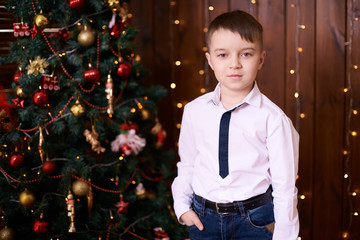 Little boy. Beautiful portrait. Christmas interior. Brown background