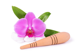 Fototapeta na wymiar Wooden massage stick with orchid isolated on white background. Reflexology foot massage.