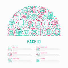 Fototapeta na wymiar Face ID concept in half circle with thin line icons: face recognition, scanning, mobile authentication, approved, disapproved, face detect. Modern vector illustration, template for web page.