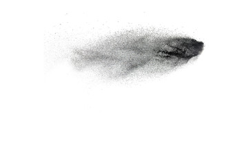 Black particles splatter on white background. Black dust splash on white background.