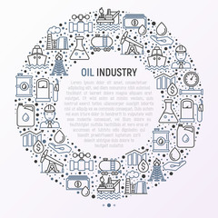 Oil industry concept in circle with thin line icons: gas, petroleum, diesel,  truck, tanker, ship, refinery, barrel. Modern vector illustration, web page template.