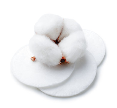 Fluffy cotton pads with cotton flower on a white background