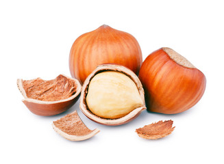 Hazelnuts isolated on white background as package design elements.