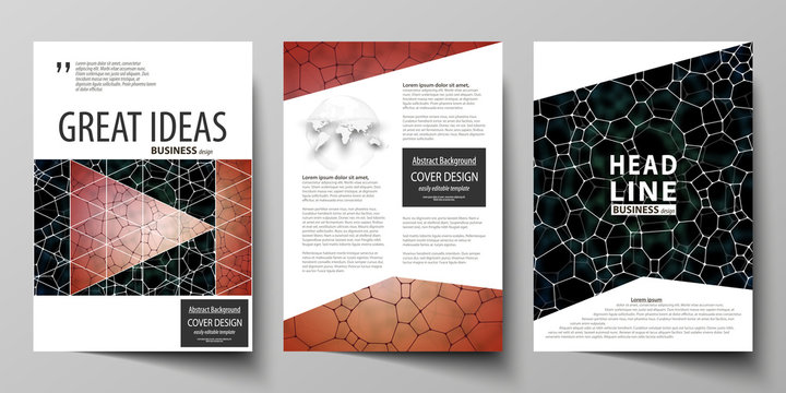 Business templates for brochure, flyer, report. Cover design template, vector layout in A4 size. Chemistry pattern, molecular texture, polygonal molecule structure, cell. Medicine microbiology concept