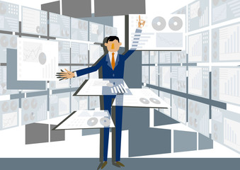 仮想現実とビジネスマンのクリップアート。ビッグデータを扱う近未来のイメージ。