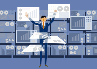 仮想現実とビジネスマンのクリップアート。ビッグデータを扱う近未来のイメージ。